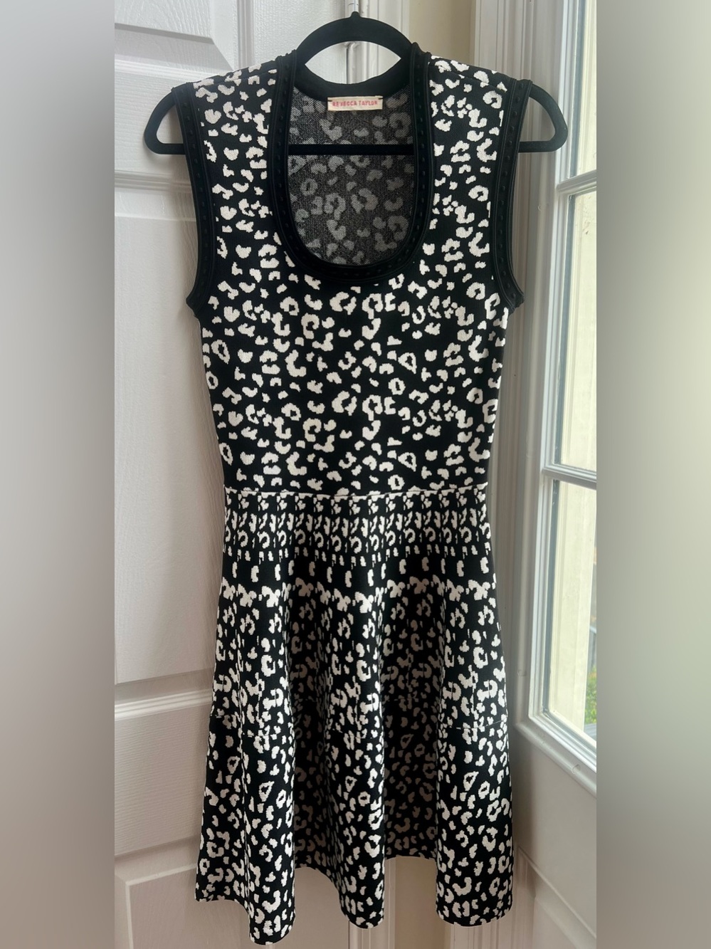 Rebecca Taylor Leopard Jacquard Knit Fit & Flare Dress S Black White